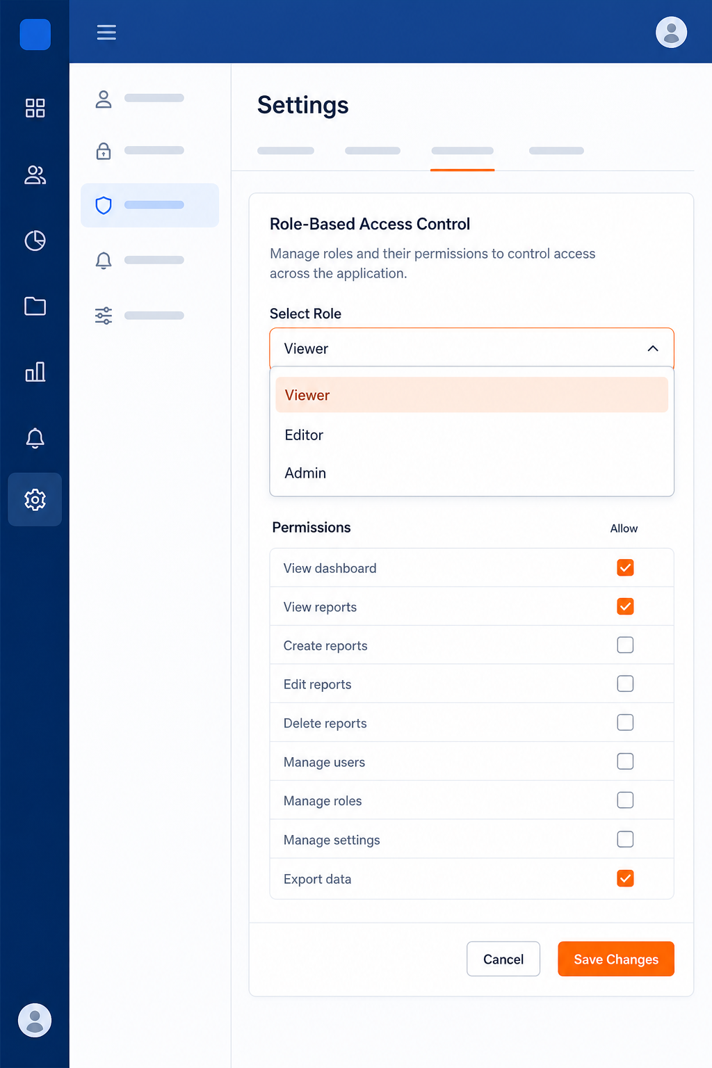 A SaaS dashboard settings screen showing a role-based access control panel with a dropdown menu for viewer, editor, and admin roles, and a checkbox list of permissions. The interface has a modern, clean design with a blue and white color scheme. Alt: SaaS dashboard role-based access control settings with read-only permission options.