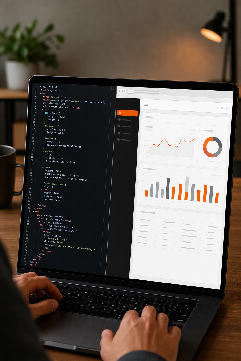 A developer's screen showing code with an iframe embed snippet and a preview of a dashboard embedded inside a web page. The page has a custom header and sidebar with the client's branding. Alt: Embedding a read-only dashboard into a SaaS application using iframe code snippet for client access.
