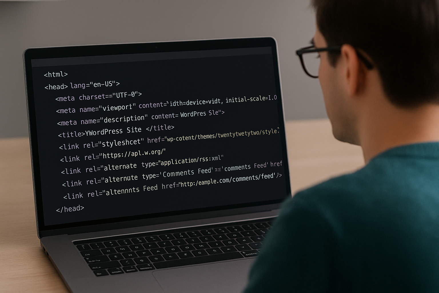 A developer at a laptop examining HTML head tags for WordPress site. Alt: Developer viewing head tags