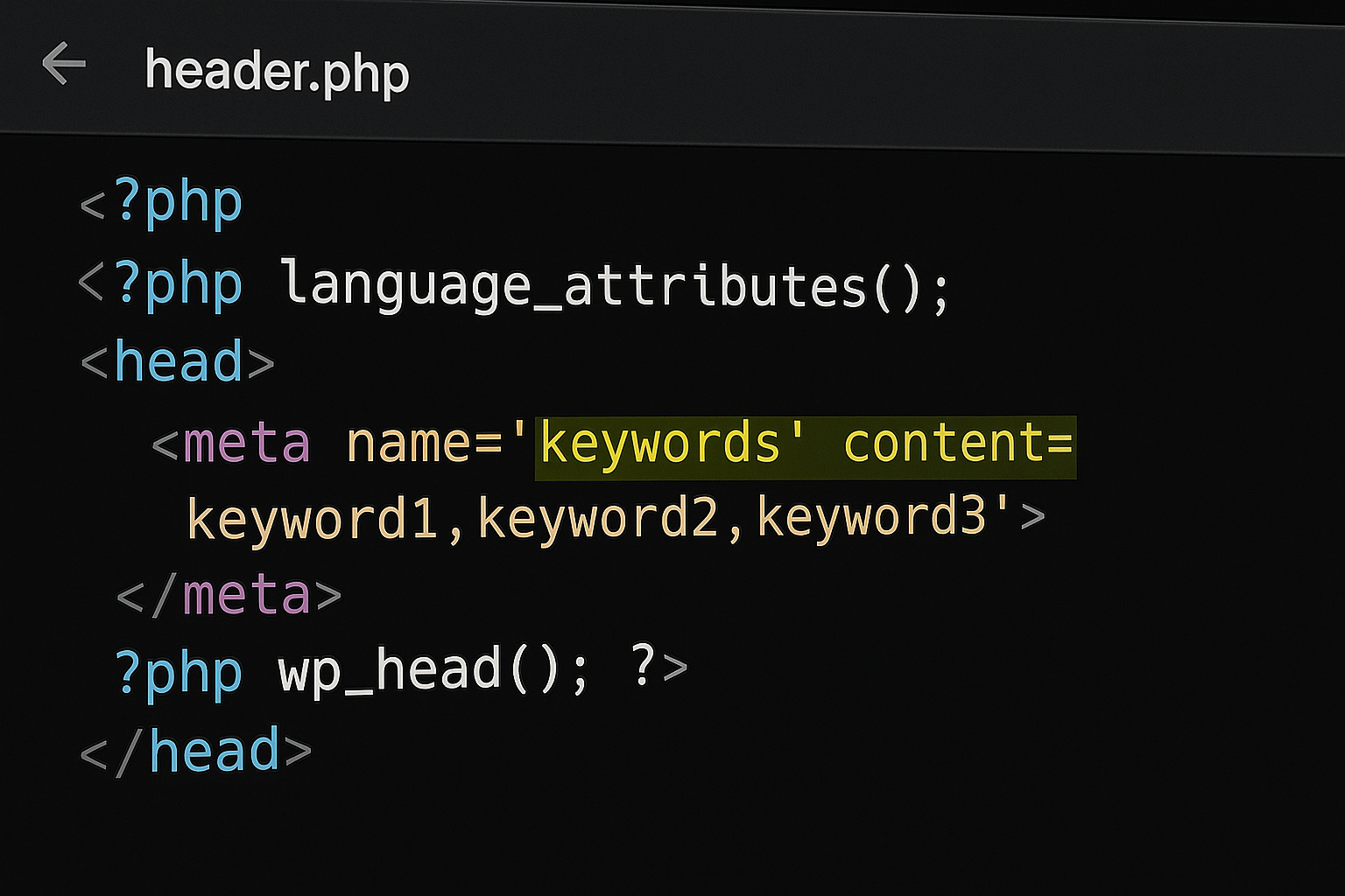 Close-up of a header.php file being edited with meta keywords highlighted. Alt: header.php with meta keywords line