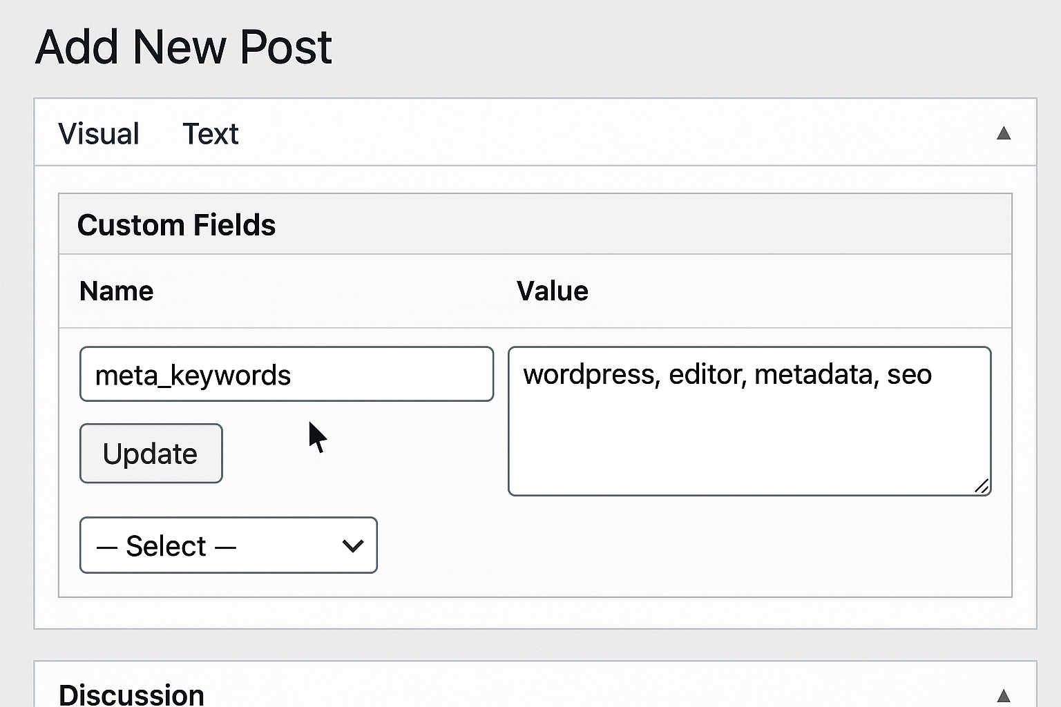 An editor filling out a custom field named meta_keywords in the WordPress post editor. Alt: WordPress editor custom field meta_keywords