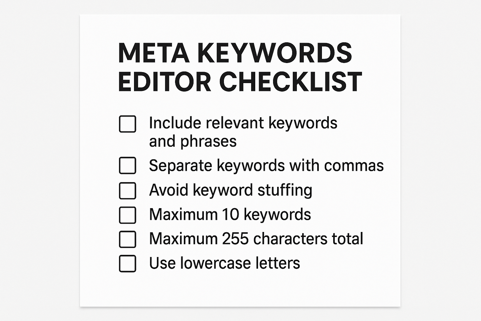 A printable checklist for editors about meta keywords with rules and length limits. Alt: Meta keywords editor checklist