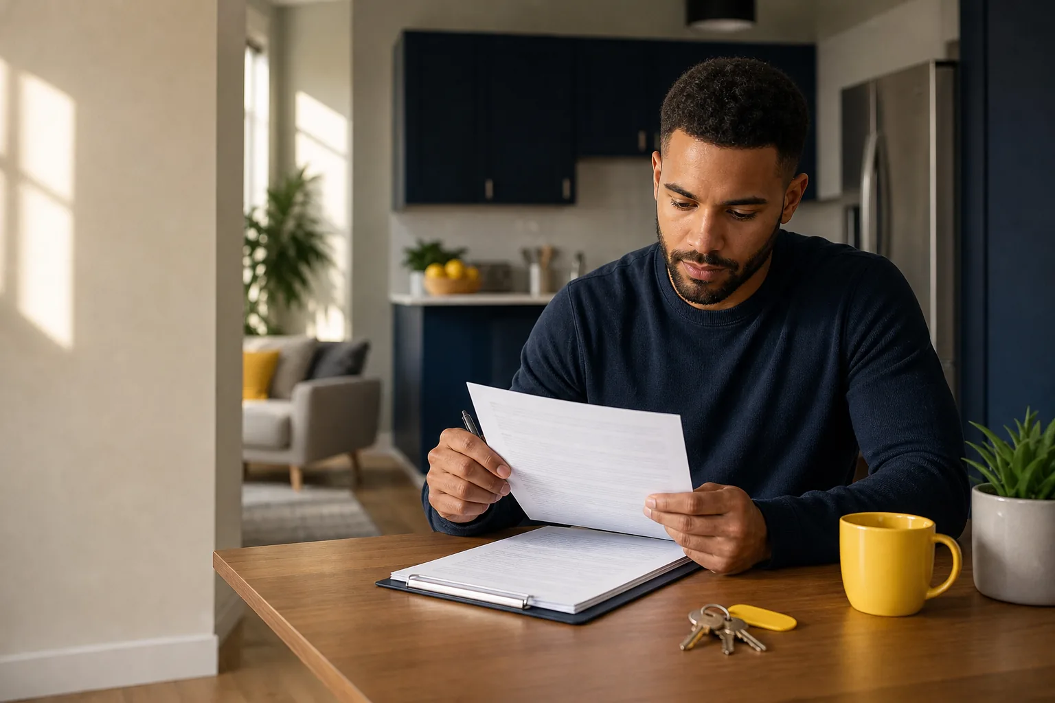 How to add someone to a lease, renter reviewing an apartment lease at home.
