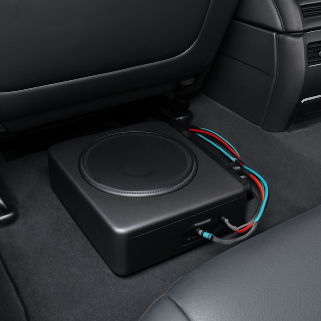 A sleek car interior showing a compact subwoofer box tucked under a seat, with a visible LOC and clean wiring. Alt: Assessing factory stereo compatibility for subwoofer installation