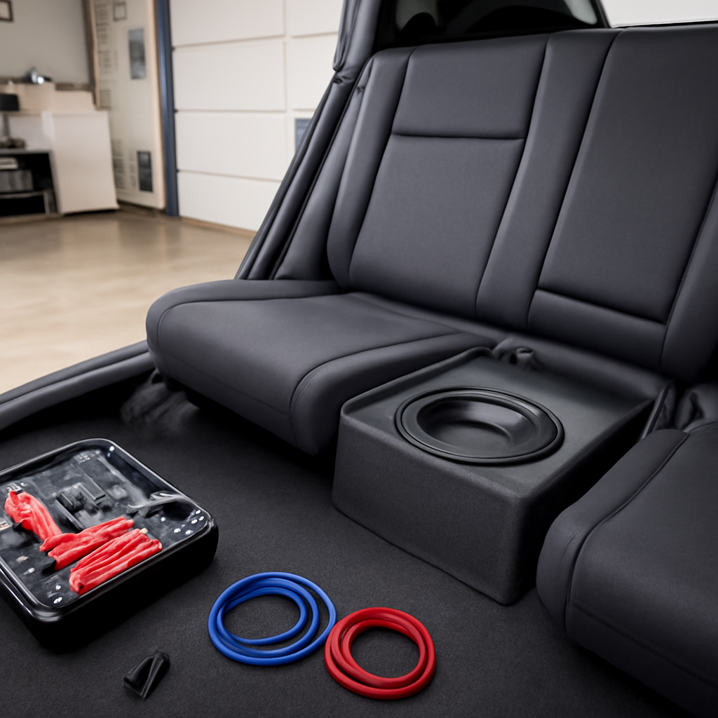A clean garage with a car’s rear seat removed, revealing a compact sealed subwoofer box snugly fitted beneath the seat, with a toolbox and wiring accessories nearby. Alt: Proper subwoofer mounting placement tips for adding a subwoofer to factory stereo