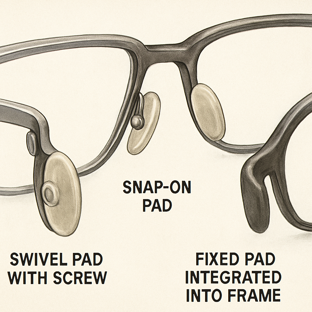 An illustration showing three eyeglass nose pad types: swivel pad with screw, snap‑on pad, and fixed pad integrated into the frame. Alt: diagram of eyeglass nose pad types for easy identification