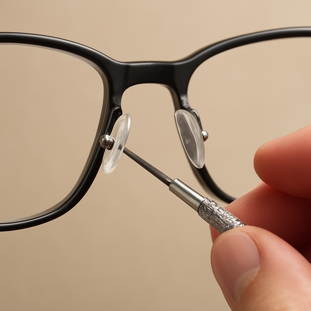 A close‑up of a pair of glasses with misaligned nose pads being adjusted with a tiny screwdriver. Alt: How to adjust nose pads on glasses step by step.