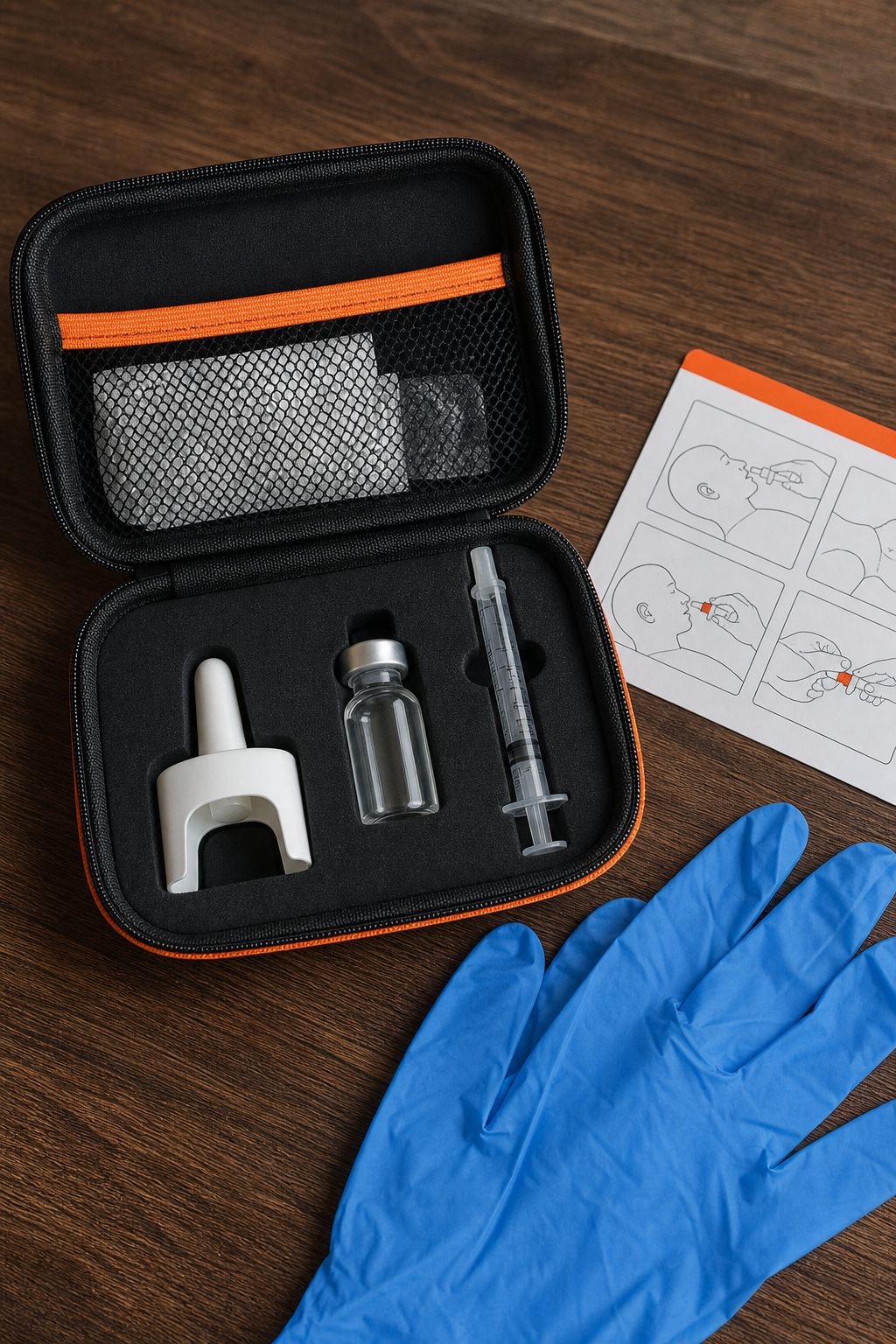 A realistic close‑up of a household naloxone kit opened on a wooden table, showing a nasal spray device, a syringe with vial, gloves, and an instruction card. Alt: naloxone kit components laid out for home use