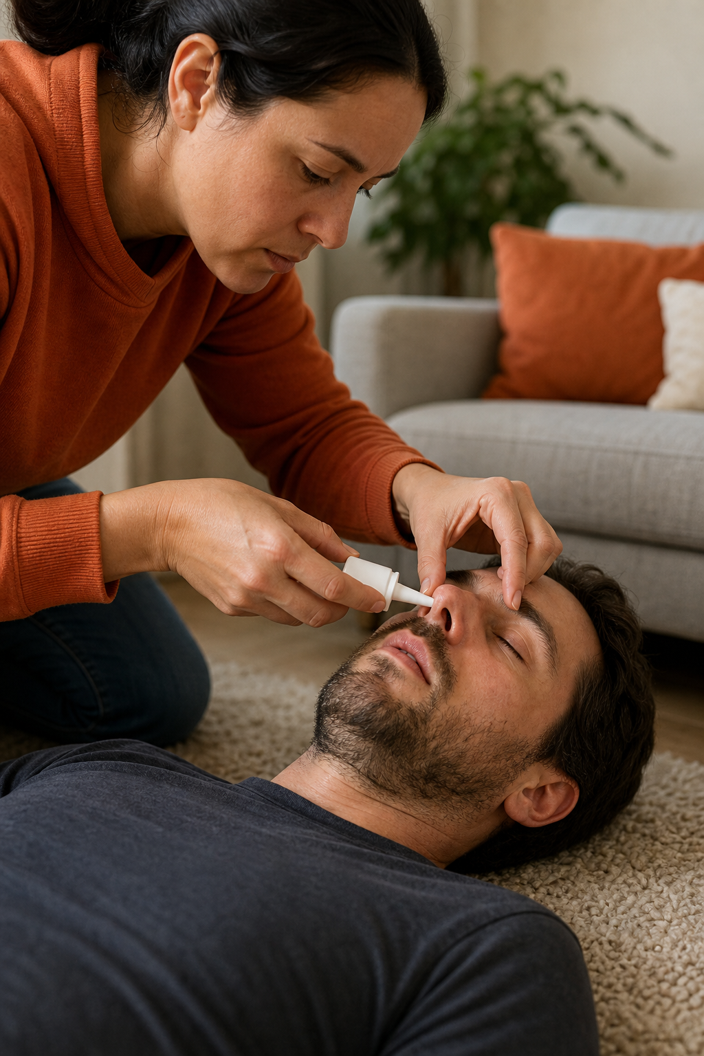 A realistic illustration of a caregiver giving a naloxone nasal spray to an unconscious adult, showing the head‑tilt and nostril‑pinch technique. Alt: nasal spray administration step in a home setting