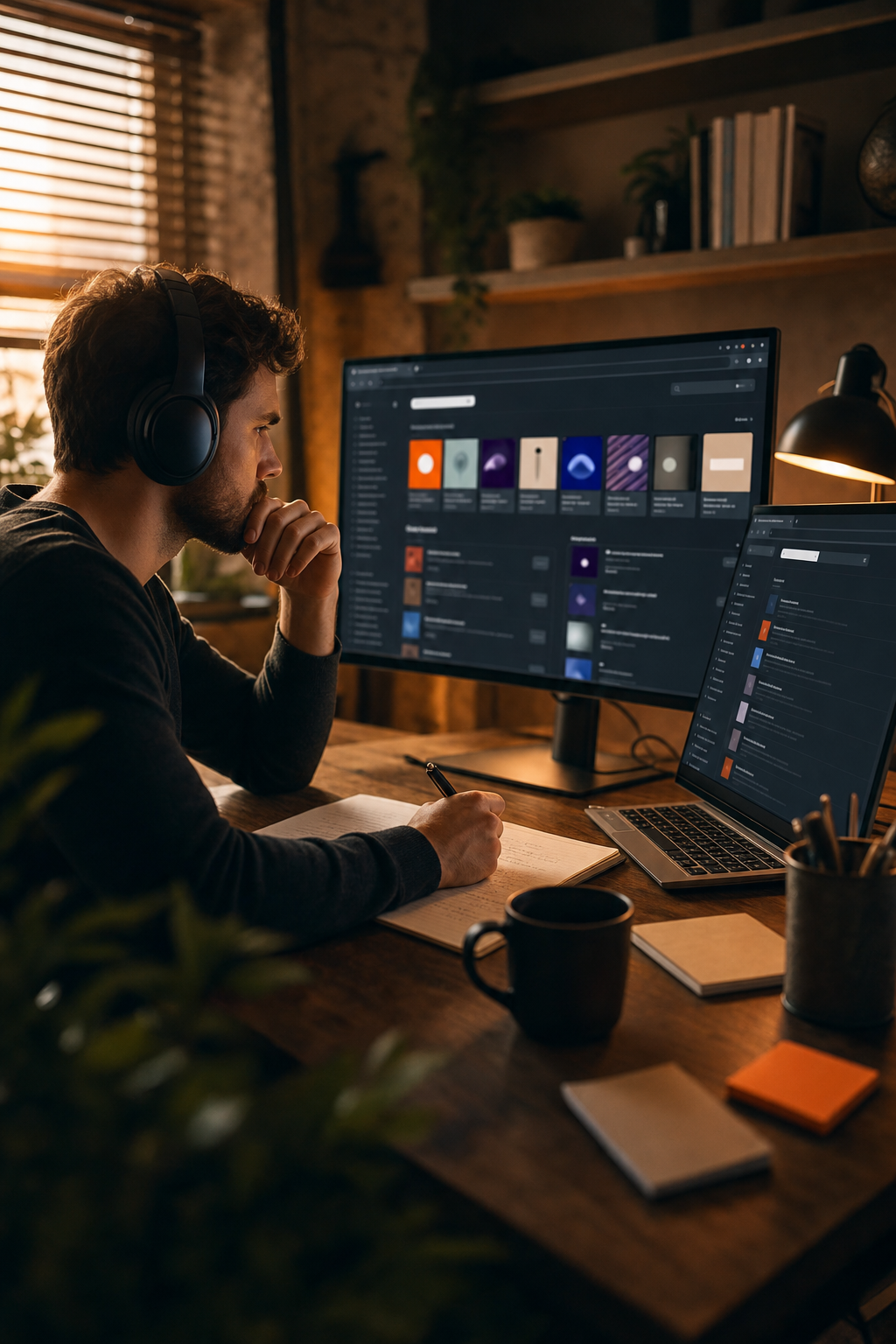 A cinematic wide-angle shot of a focused founder at a wooden desk, wearing headphones, surrounded by multiple browser tabs showing podcast directories and SaaS community forums, warm amber lighting, editorial documentary style. Alt: founder researching SaaS podcasts to advertise on.