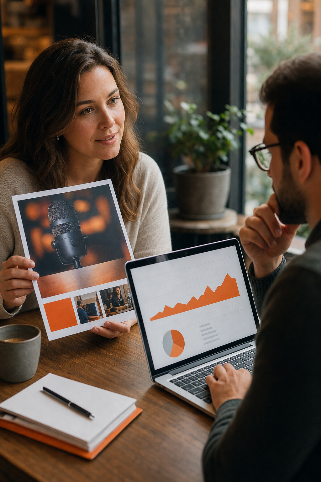A cinematic close-up of two people across a coffee shop table, one presenting a printed media kit, the other reviewing download numbers on a laptop screen, warm natural light, editorial documentary style. Alt: podcast advertiser negotiating a sponsorship deal with a SaaS podcast host.