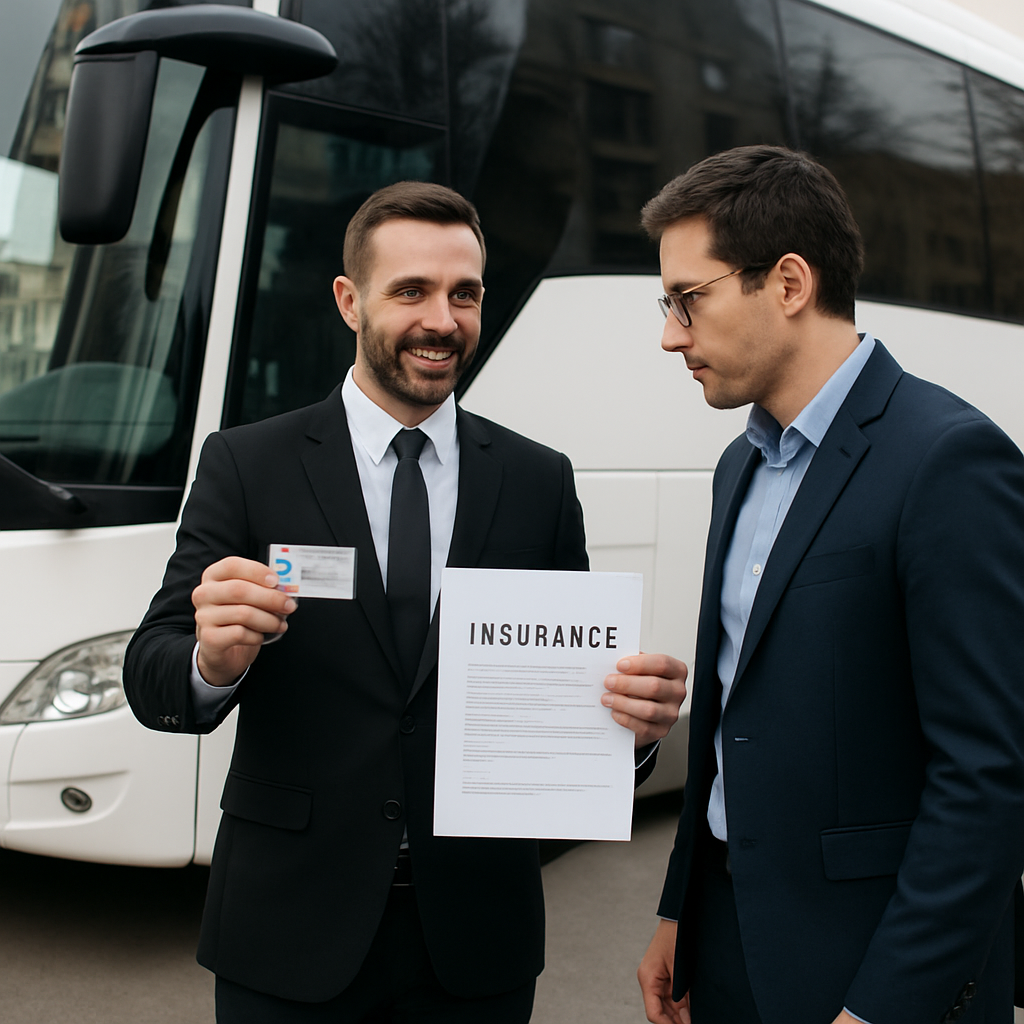 A professional driver showing a licence and insurance documents to a client beside a modern coach. Alt: Verify licenses and insurance for alquilar autobus en Madrid