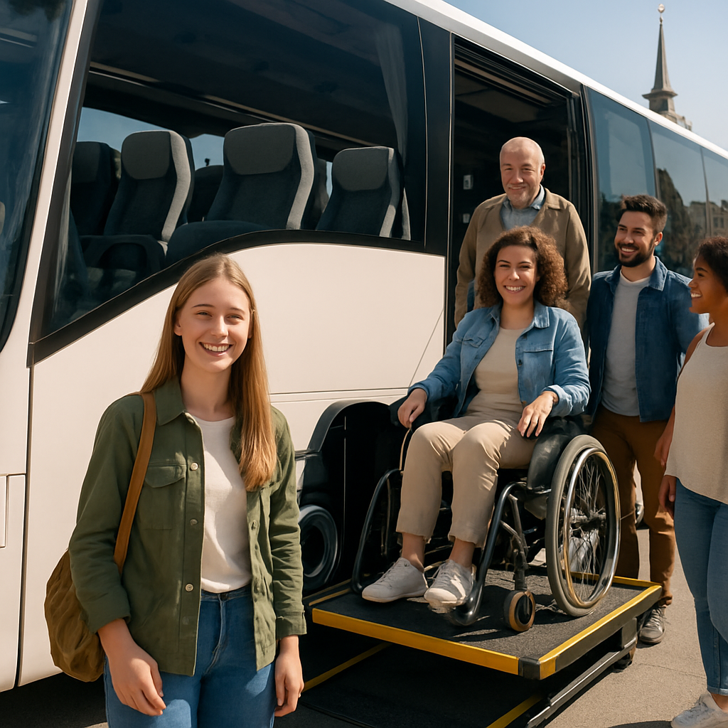 A group of happy passengers boarding a modern coach in Madrid, showing spacious seats and wheelchair access. Alt: alquilar autocar en Madrid – group transport