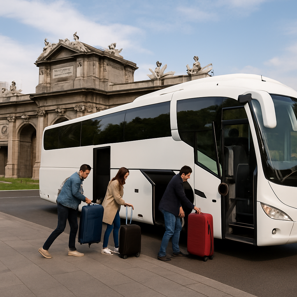 A modern coach parked at a Madrid landmark, passengers loading luggage. Alt: alquilar autocar en Madrid group transport image.
