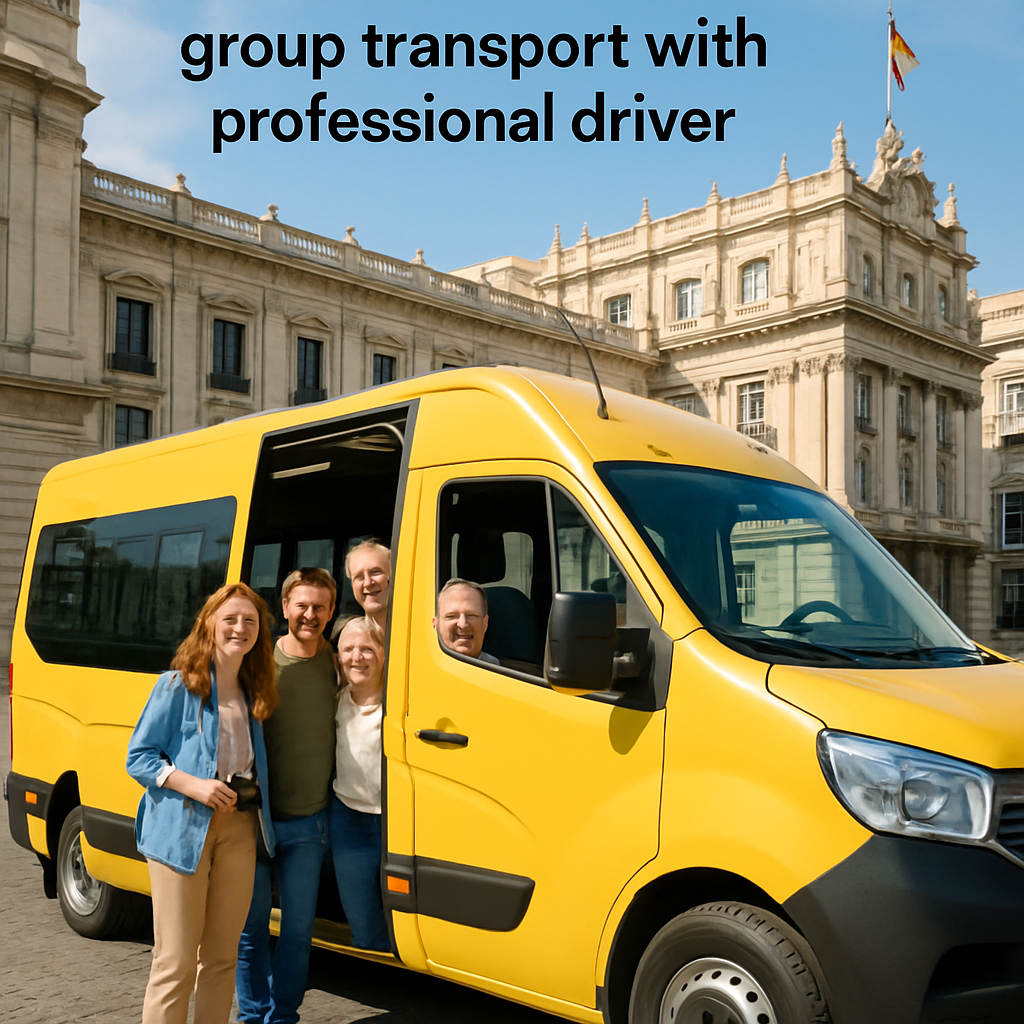 A bright minibus parked in front of a historic Madrid building, doors open for a smiling group of travelers. Alt: alquilar minibus en Madrid group transport with professional driver.