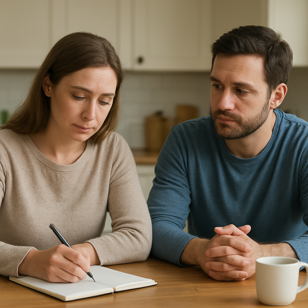 A calm couple sitting at a kitchen table, one writing in a notebook, the other listening attentively. Alt: Reflecting on a mistake before apologizing to your husband.