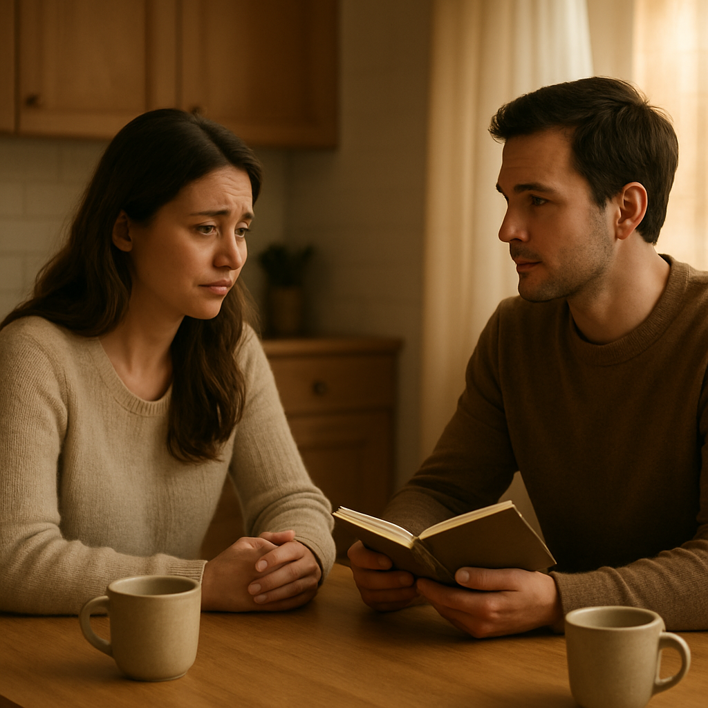 A warm, softly lit kitchen scene where a couple sits across a small table, one holding a notebook and the other listening attentively. Alt: Couple delivering an apology in a calm home setting.