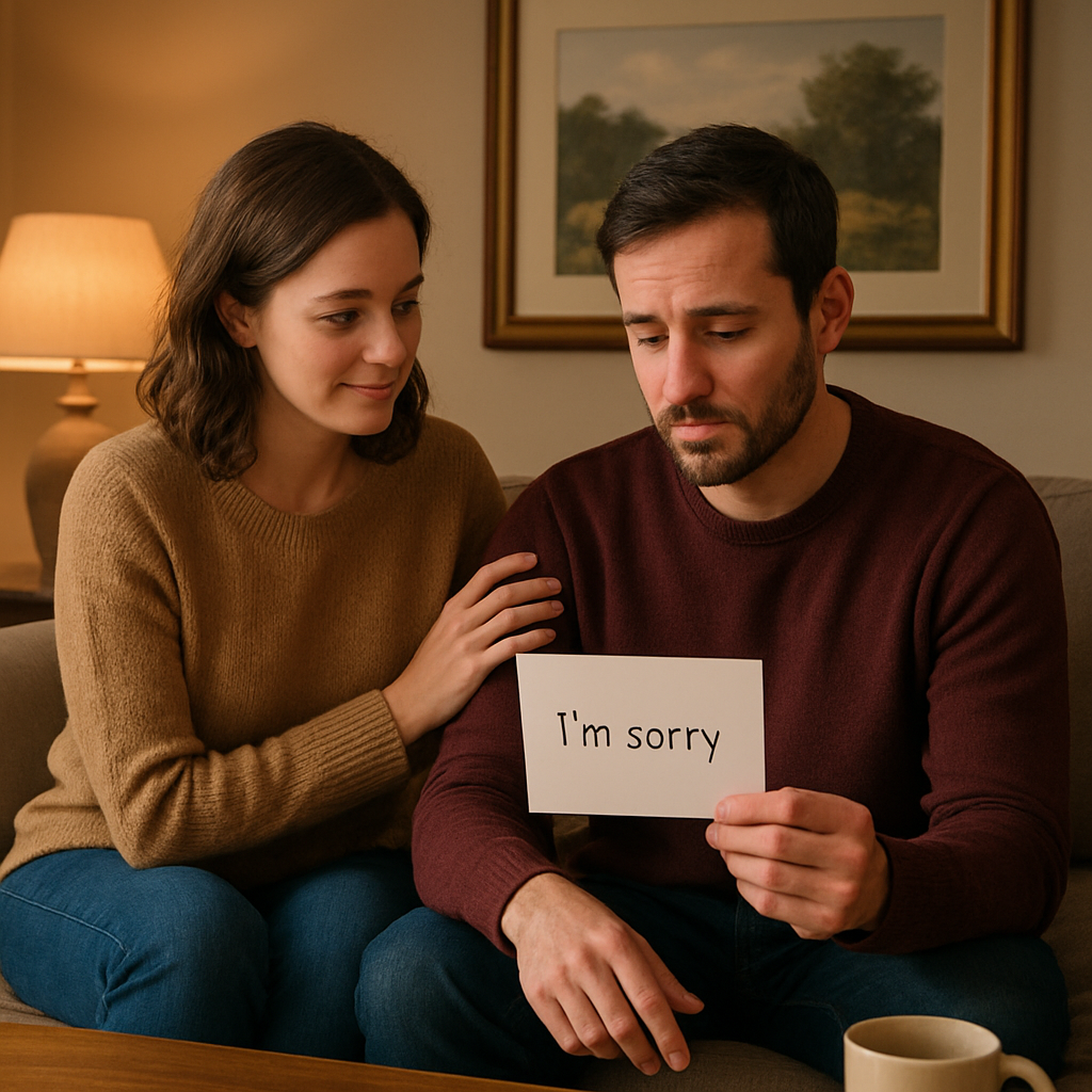 A cozy living room scene with a couple sitting on a sofa, one holding a heartfelt apology note, soft lighting, a framed landscape painting on the wall. Alt: How to apologize to your wife – acknowledge mistake clearly.