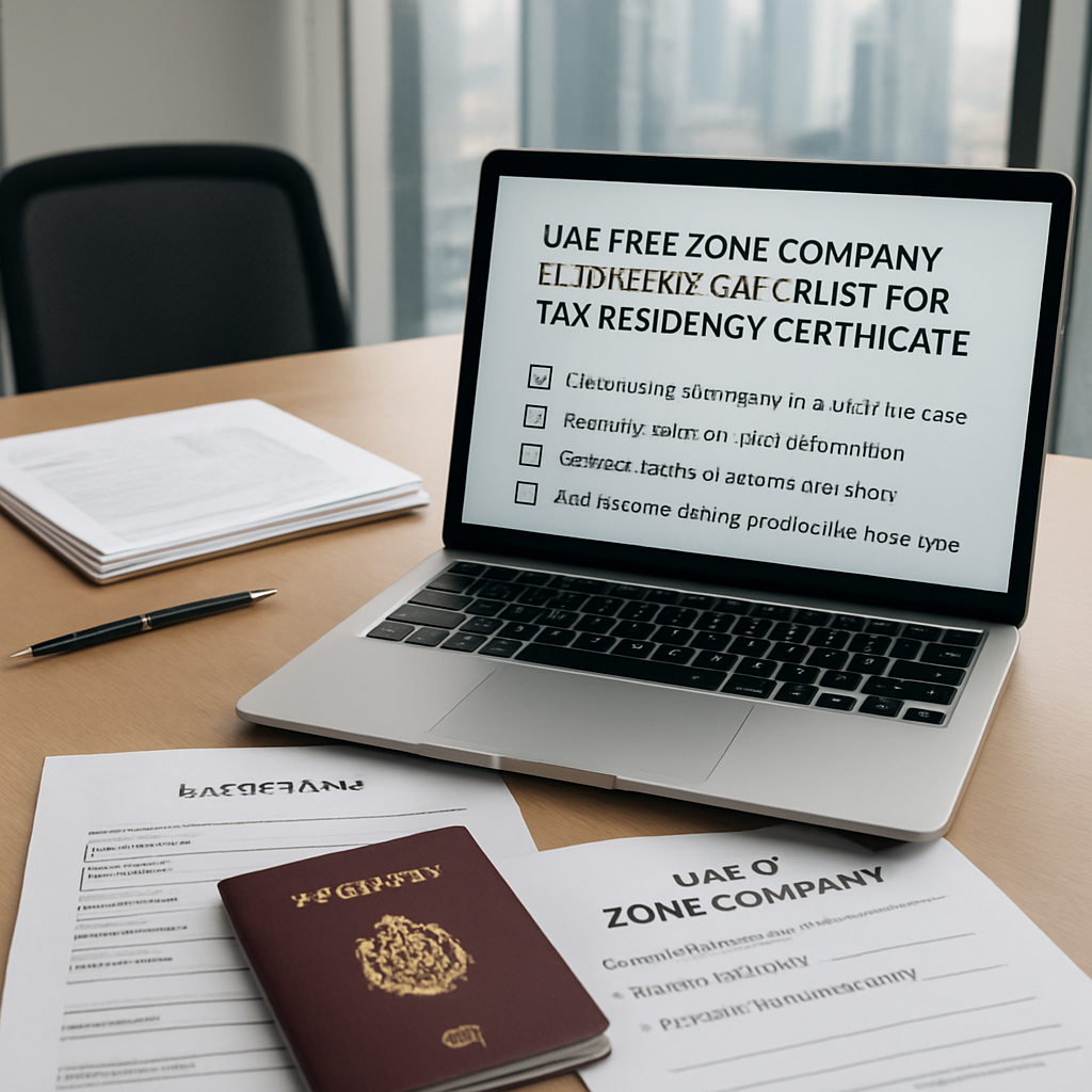 A modern office desk in a Dubai free zone with paperwork, a passport, and a laptop open to a bank statement. Alt: UAE free zone company eligibility checklist for tax residency certificate