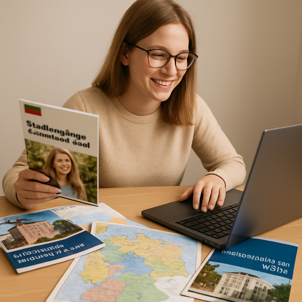 A student sitting at a laptop, surrounded by German university brochures and a map of Germany, smiling as they compare program details. Alt: Researching German universities and choosing a study program.