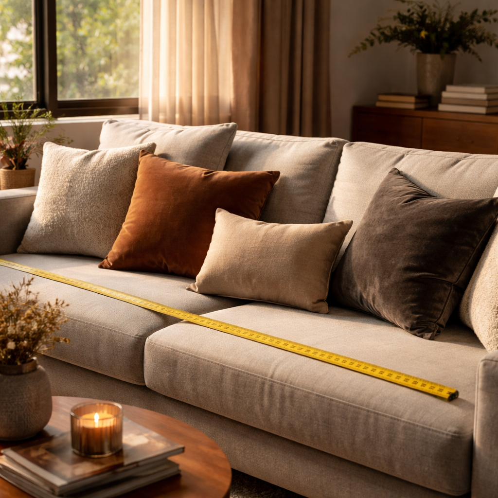 A cinematic, photorealistic scene of a stylish living room with a sleek sofa, a tape measure laid across the seat, and various cushions (large back‑rest, medium square, small accents) arranged around it. Warm natural light streams through a large window, highlighting the textures of velvet, linen, and boucle. Alt: How to arrange cushions on a sofa – measuring step visual guide.