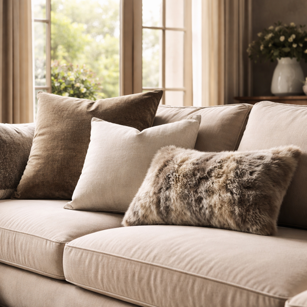 A cinematic, photorealistic scene of a stylish living room with a luxury sofa, showing a large square cushion at the back, a medium square slightly forward, and a rectangular accent pillow angled toward the centre. Soft natural light streams through large windows, highlighting the texture contrast between velvet, linen, and faux‑fur. Alt: How to arrange cushions on a sofa – step‑by‑step visual guide.