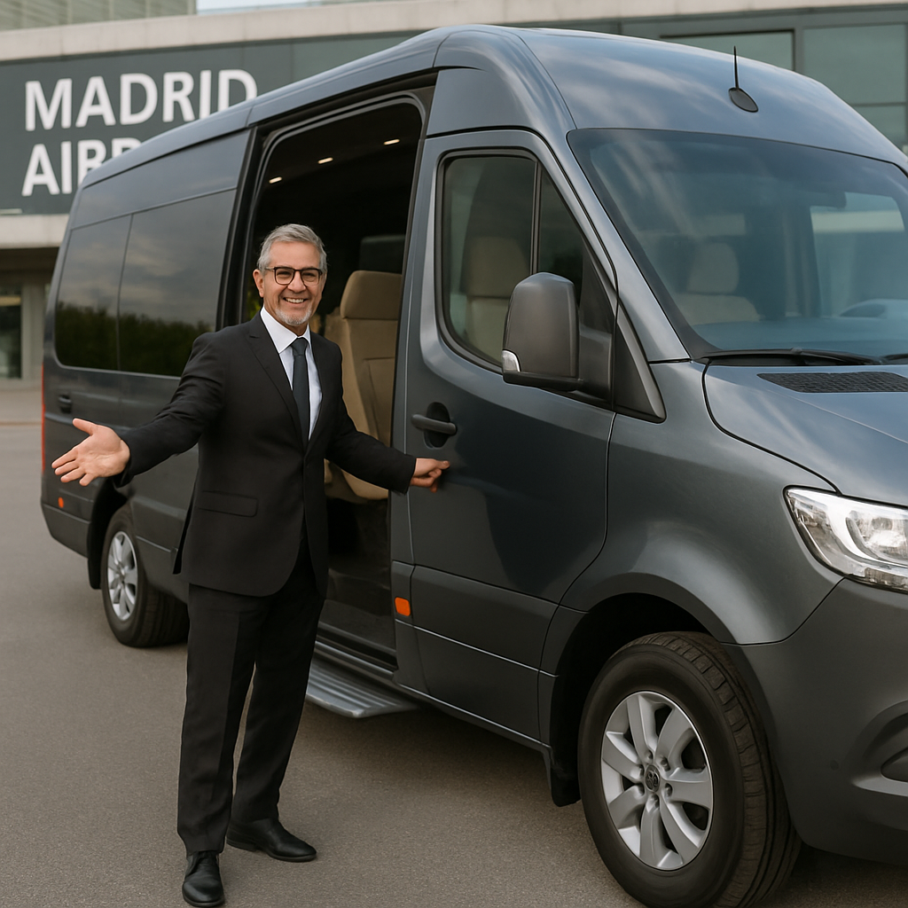 A friendly driver opening the door of a sleek, comfortable minibus outside Madrid Airport, ready to welcome passengers. Alt: Minibus hire Madrid airport with friendly driver and spacious vehicle.