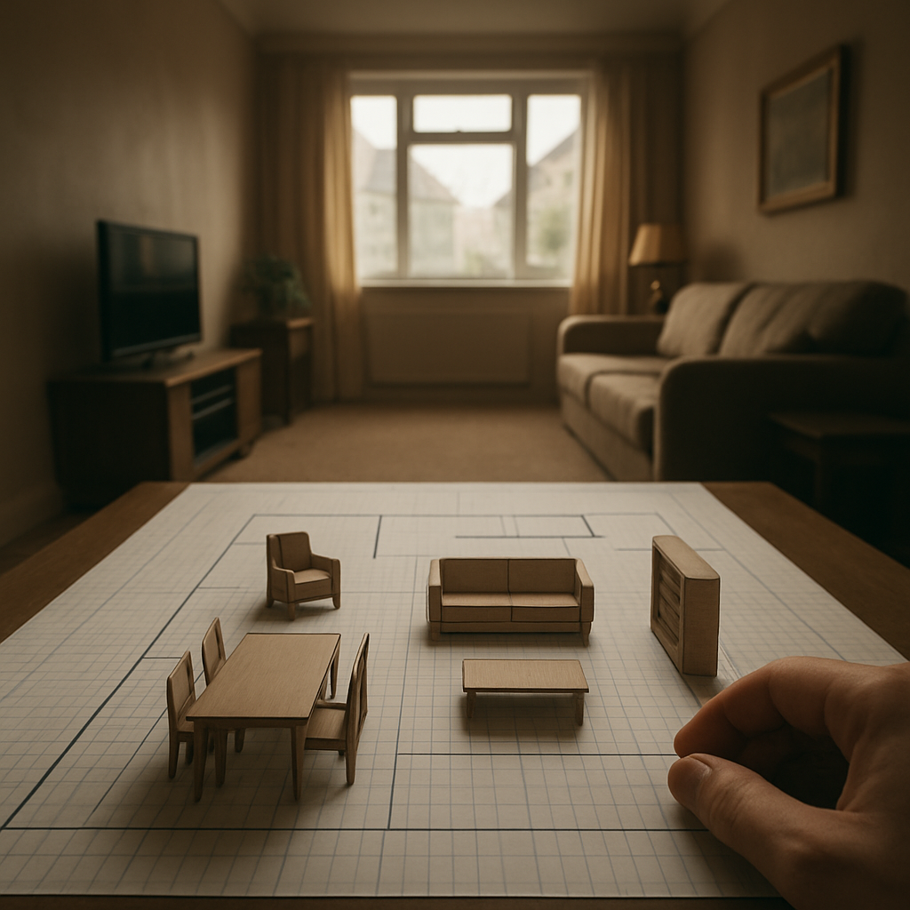 A cinematic view of a UK living room with a long narrow floor plan, showing a hand‑drawn graph paper layout with furniture cut‑outs placed on it, soft natural lighting highlighting the space. Alt: Measuring and mapping a long narrow living room for furniture arrangement