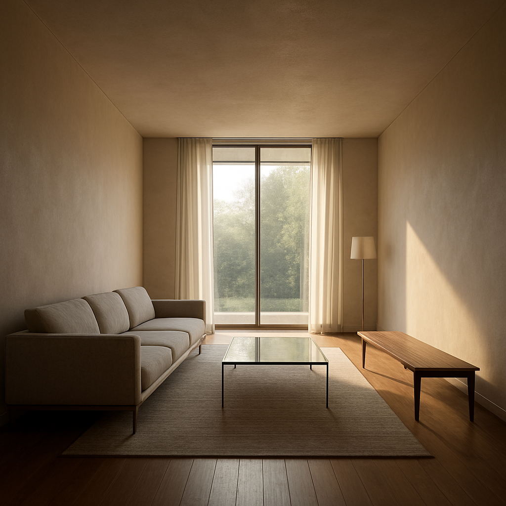 A cinematic, photorealistic scene of a long narrow living room with a low‑profile sofa floated slightly away from the back wall, a sleek glass coffee table, and a slim wooden bench placed perpendicular, natural light streaming in, highlighting the sense of spaciousness. Alt: How to arrange furniture in a long narrow living room with proper scale and layout options.