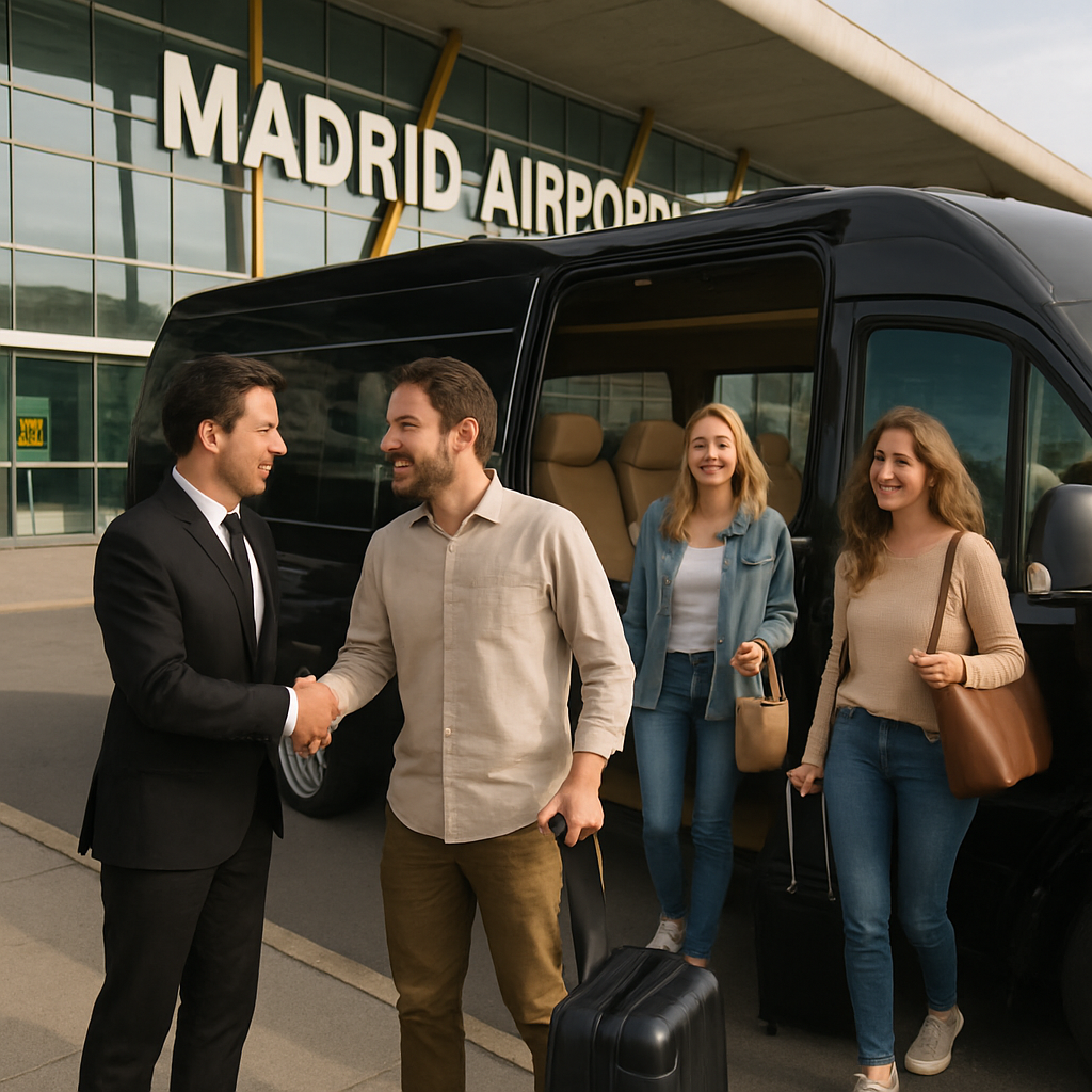 A comfortable luxury minibus parked at Madrid Airport terminal with a professional driver greeting a group of happy passengers. Alt: Minibus rental Madrid with driver and airport transfer service ensuring smooth arrival experience.