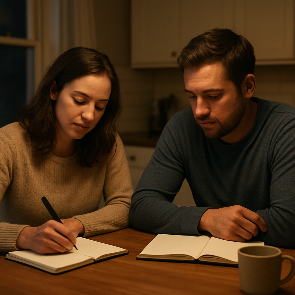 A couple sitting together at a cozy kitchen table, each with a notebook, softly lit by evening light. Alt: Couple reflecting on relationship needs and triggers before asking for reassurance.