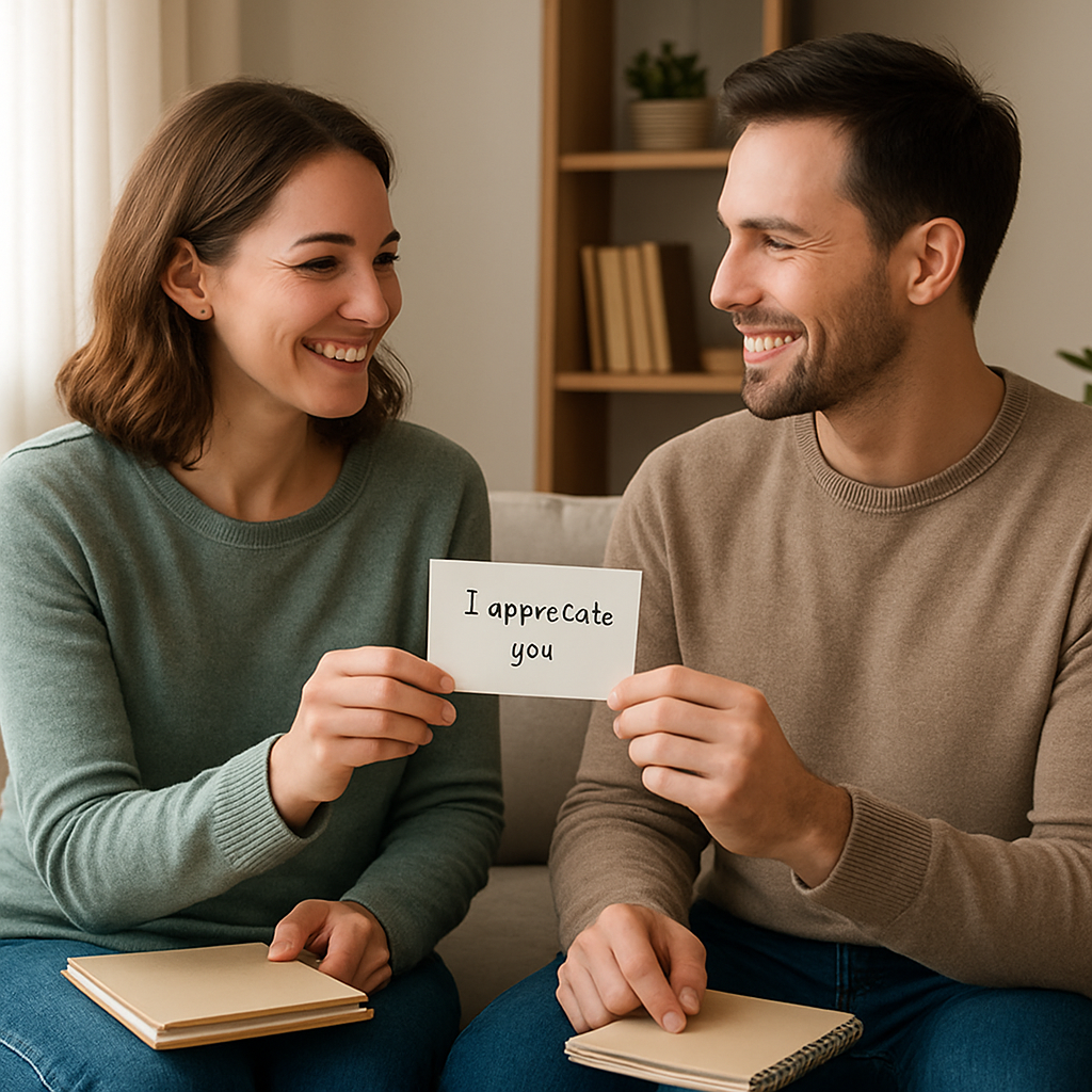 A couple sitting on a couch, each holding a notepad, smiling as they exchange a brief gratitude note. Alt: Partners practicing follow‑up and self‑soothing after reassurance conversation.