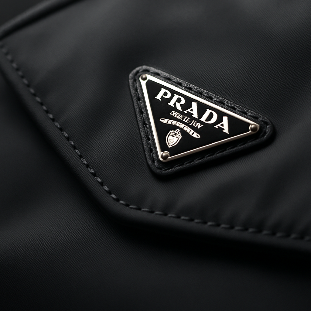 A close‑up of a Prada nylon bag showing the smooth nylon texture and precise stitching. Alt: Examining Prada nylon bag material and stitching for authenticity.