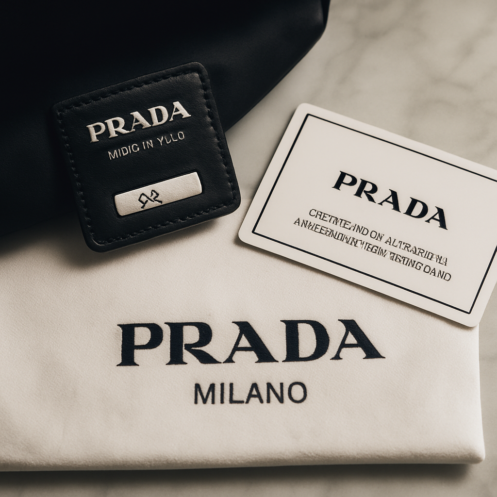 A close‑up of a Prada nylon bag’s serial tag, authenticity card, and dust bag laid out neatly on a marble surface. Alt: How to authenticate Prada nylon bag – serial tag, authenticity card, dust bag details.