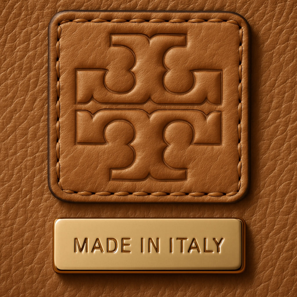 A close‑up of a Tory Burch leather label and metal tag, showing the embossed double‑T logo and the “Made in Italy” inscription. Alt: Detailed view of authentic Tory Burch label and tag for authentication guide.