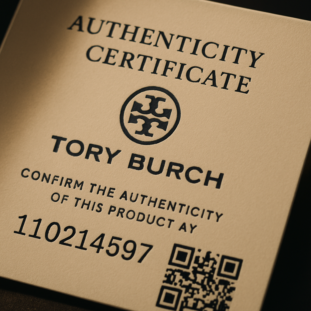 A close‑up of a Tory Burch authenticity certificate with serial number and QR code visible. Alt: Authenticity certificate and serial number for a Tory Burch bag
