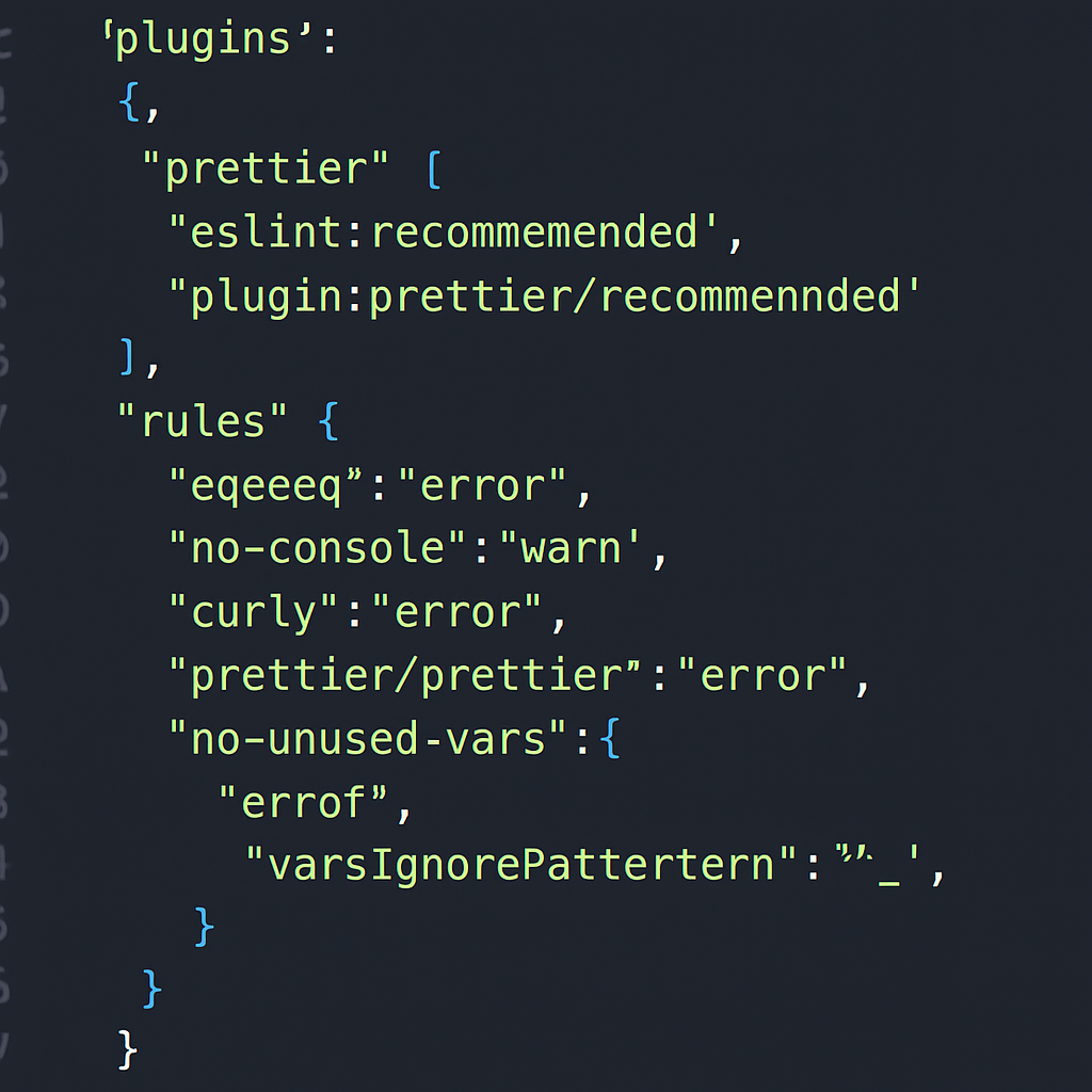 A screenshot of an ESLint configuration file opened in a code editor, showing rules and plugins. Alt: Analyze ESLint configuration for auto fix