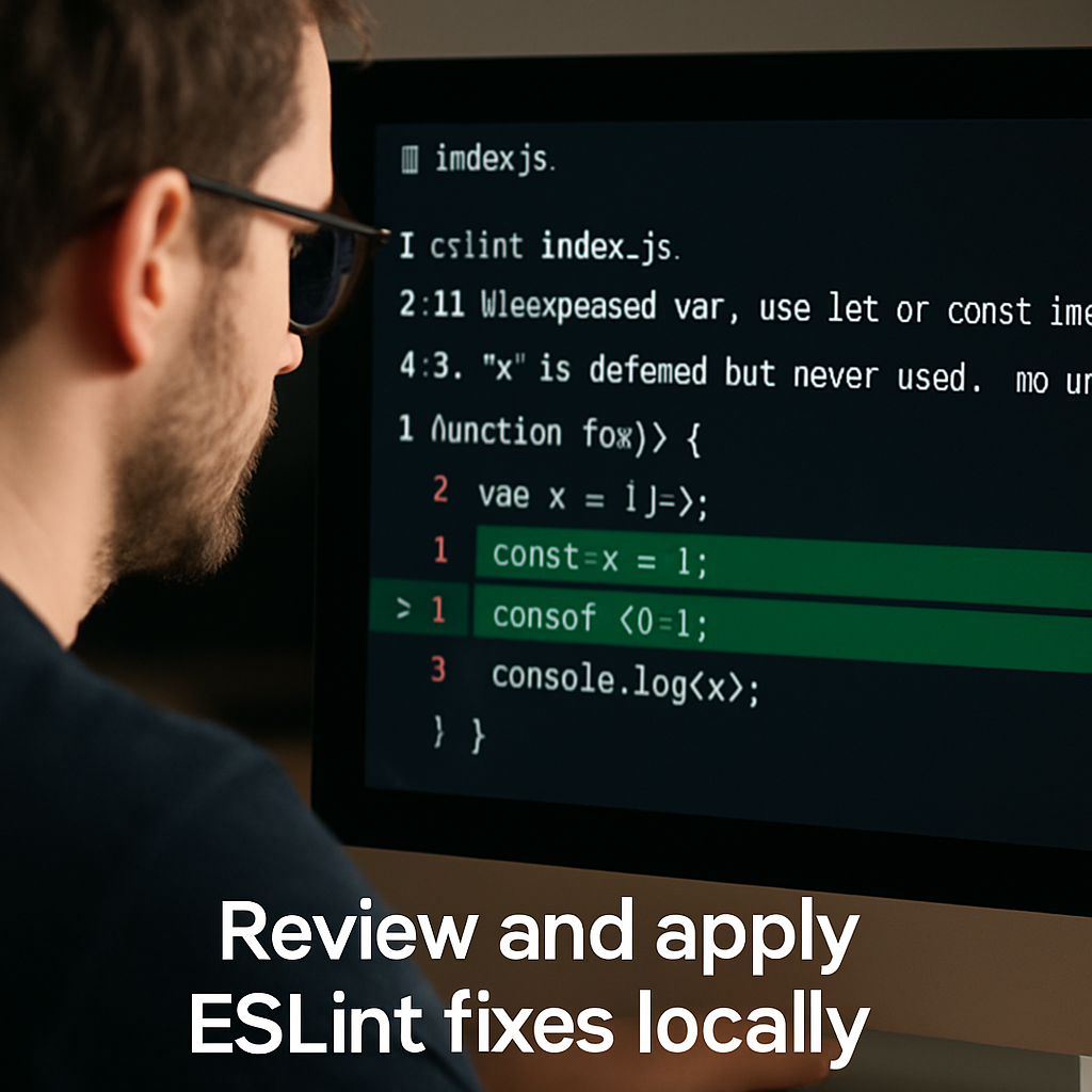 A developer reviewing ESLint diff output in a code editor, highlighting green fix lines. Alt: Review and apply ESLint fixes locally