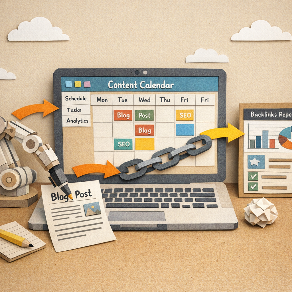 A Papercraft scene of a laptop screen showing an automated content calendar, with arrows pointing to a robot arm writing blog posts and a chain of link icons moving to a dashboard. Alt: Automated blog writing and backlink building workflow in papercraft style.