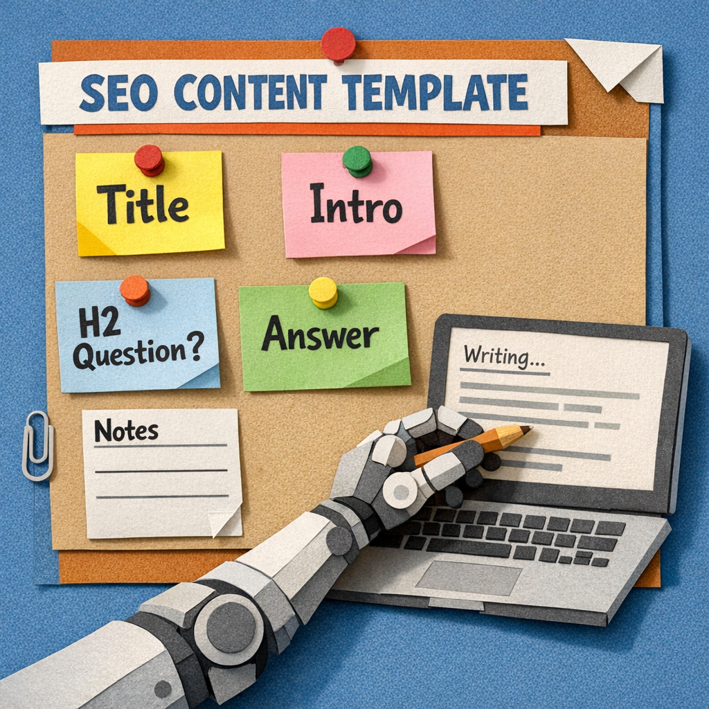 A Papercraft illustration of a content template board with sticky notes labeled “Title”, “Intro”, “H2 Question”, “Answer”, and a robot arm writing on a laptop screen. Alt: SEO content template visual guide.