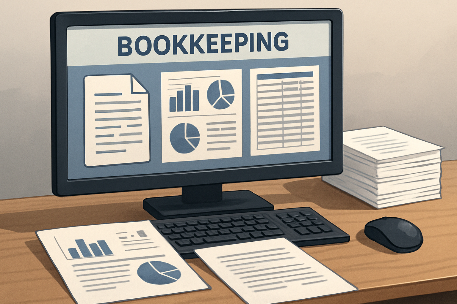 Illustration of AI-driven bookkeeping software interface showing automated transaction categorization and dashboards. Alt: How to automate bookkeeping with AI-powered software interface.