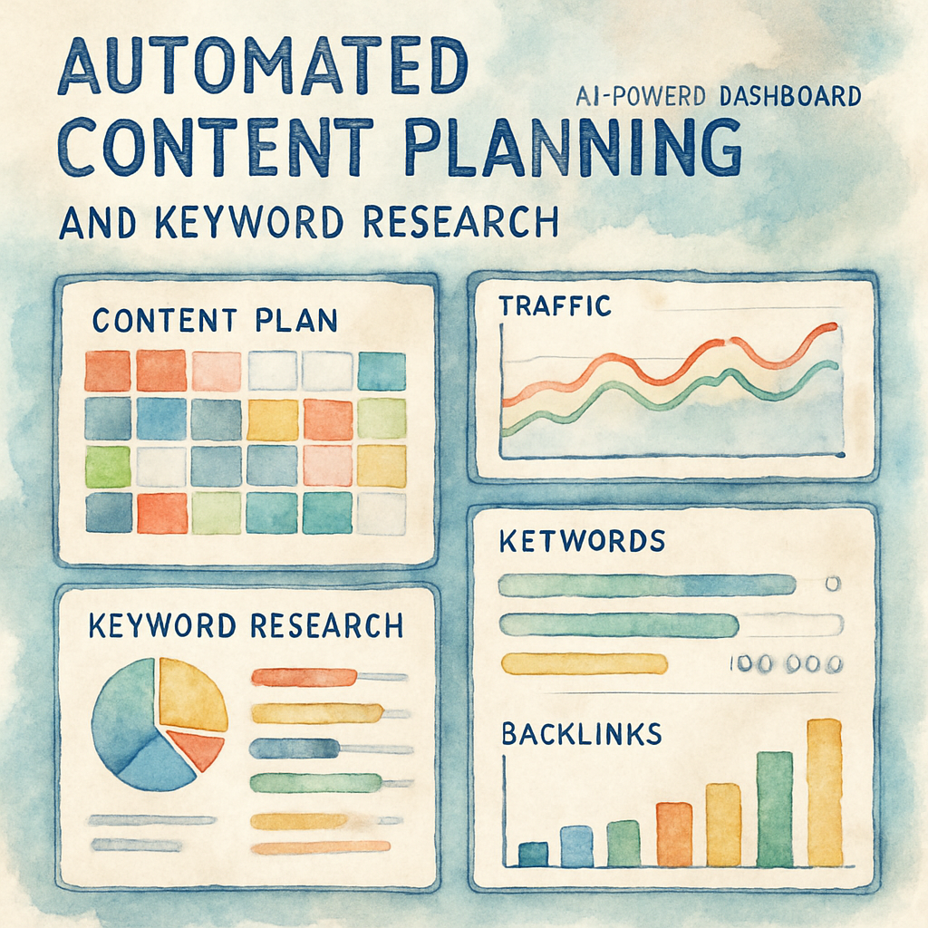 AI-powered dashboard showing automated content planning and keyword research insights. Alt: Automated content planning and keyword research for SEO and backlink building.