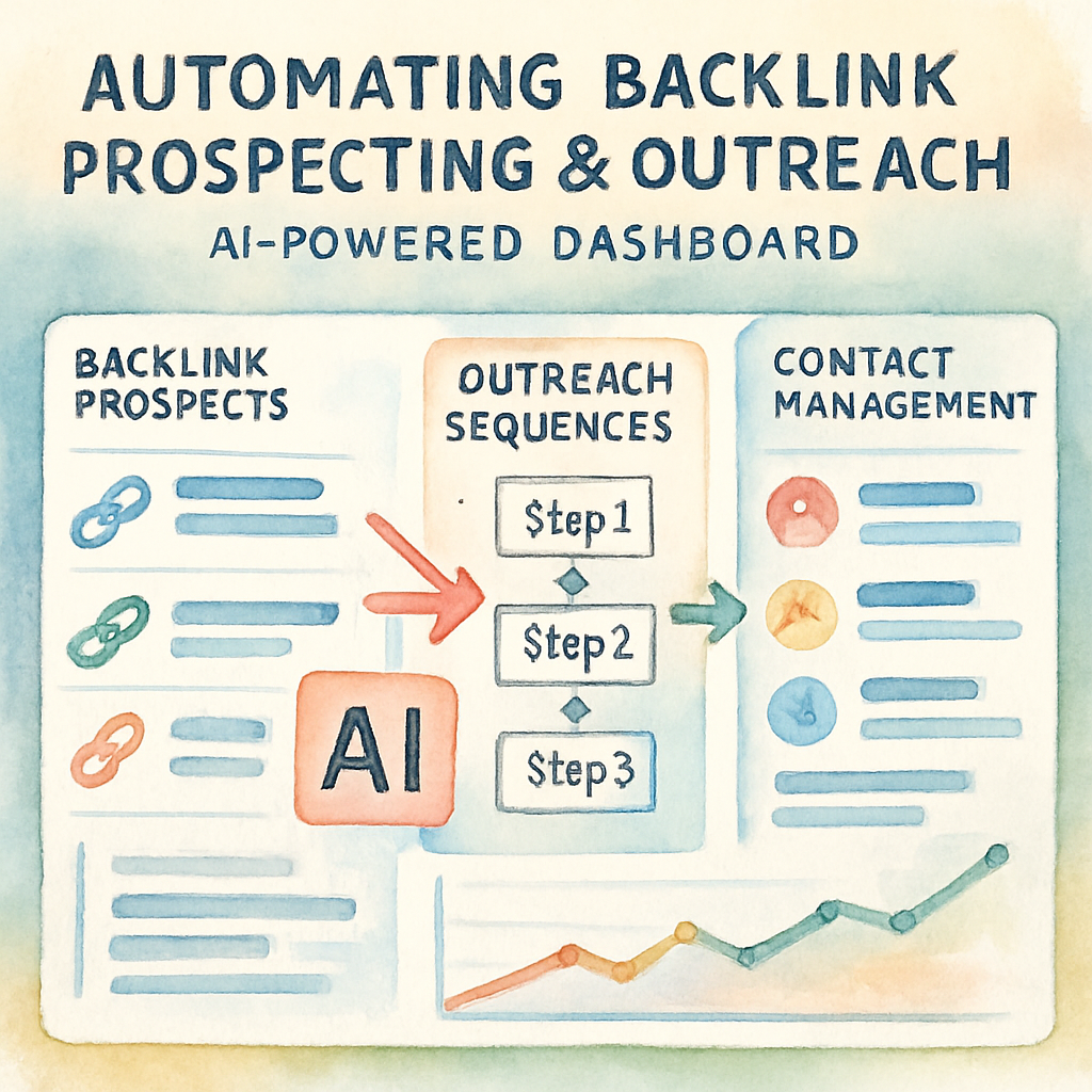 An AI-powered dashboard showing backlink prospecting automation with outreach sequences and contact management. Alt: Automating backlink prospecting and outreach for efficient SEO link building.