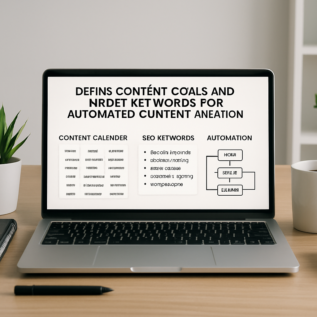 A modern desk with a laptop showing a content calendar, SEO keyword list, and automation flowchart. Alt: Define content goals and target keywords for automated content creation