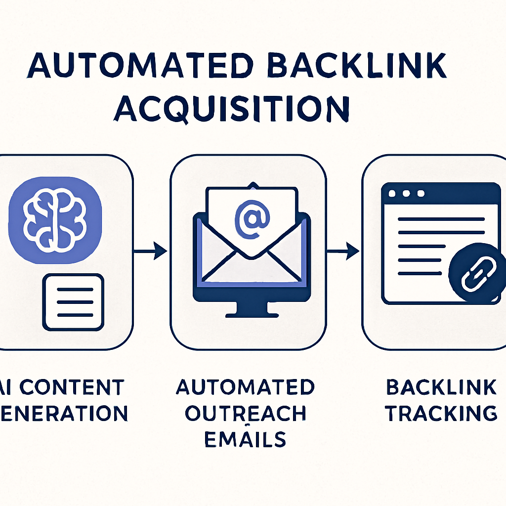 An illustration of a workflow diagram showing AI content generation feeding into automated outreach emails and backlink tracking. Alt: Automated backlink acquisition workflow