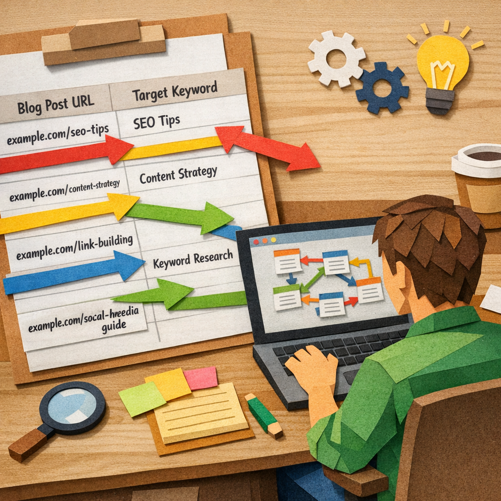 A Papercraft style illustration of a spreadsheet filled with blog post URLs and keywords, connected by colorful paper arrows to highlight linking opportunities, showing a digital marketer reviewing the data on a laptop. Alt: audit internal linking opportunities for blog posts
