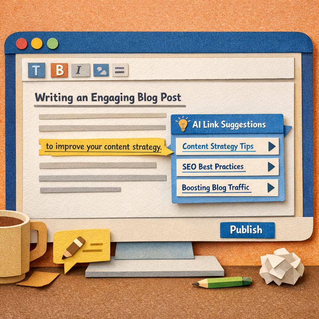 A Papercraft illustration of a computer screen showing a blog editor with AI‑generated link suggestions popping up beside highlighted text. Alt: AI suggests contextual internal links while writing a blog post.