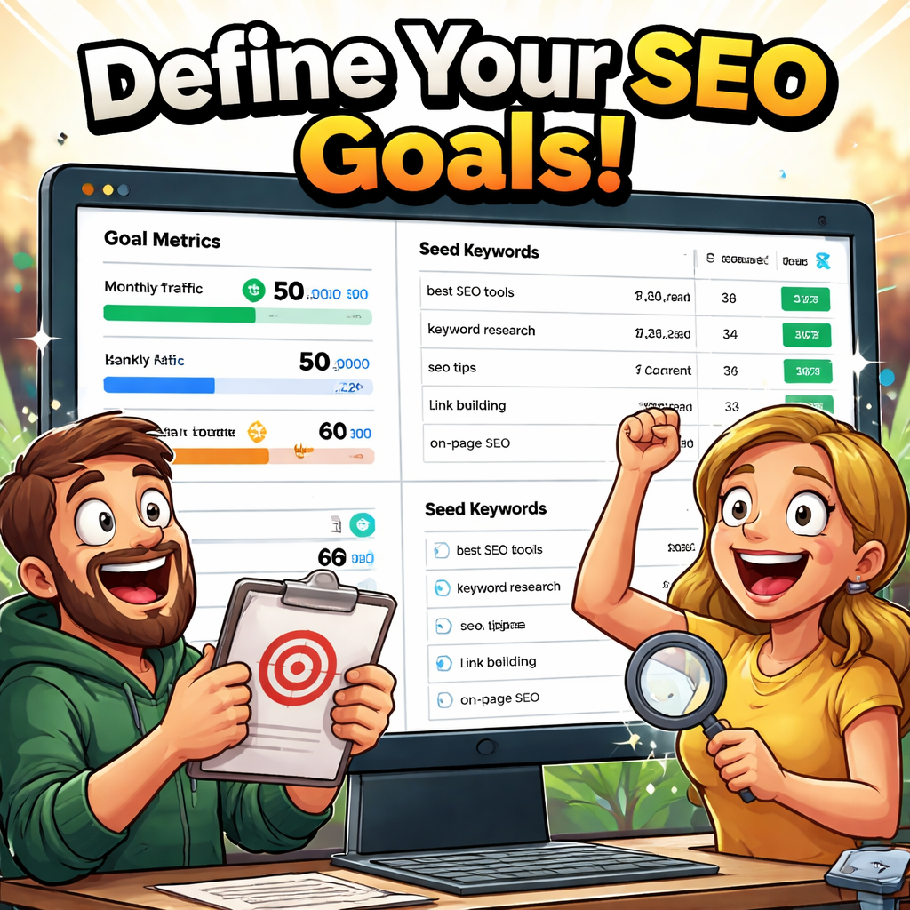 A sleek dashboard screenshot showing goal metrics and seed keyword list in a modern SEO tool. Alt: Define SEO goals and seed keywords dashboard.