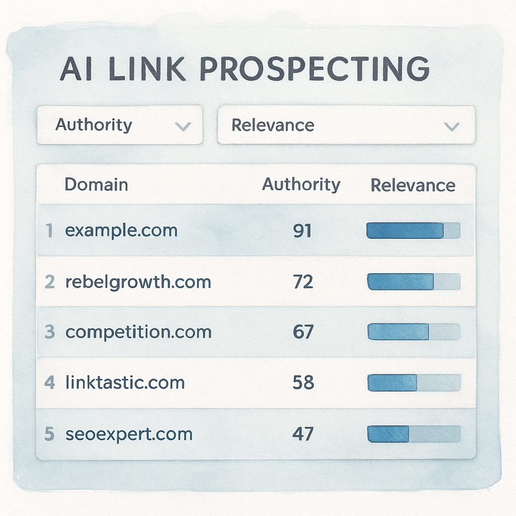 A sleek dashboard view of an AI link prospecting tool displaying a ranked list of domains, with filters for authority and relevance. Alt: AI-powered link prospecting dashboard with authority scores and relevance filters.
