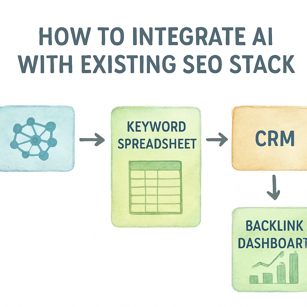 A clean workflow diagram showing AI, keyword spreadsheet, CRM, and backlink dashboard connected with arrows. Alt: How to integrate AI with existing SEO stack diagram.